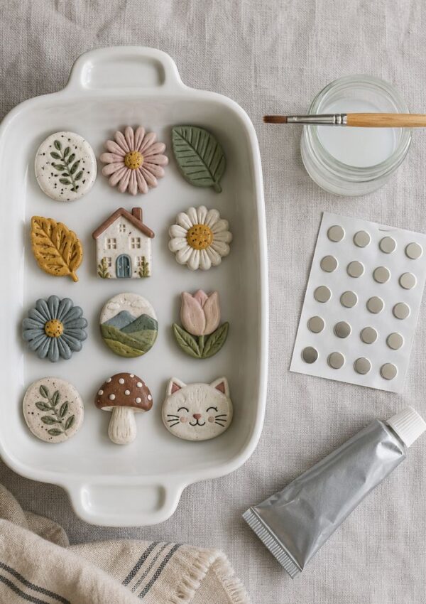 A white dish holds twelve painted clay ornaments shaped like flowers, leaves, a house, mountain, mushroom, and a cat face—perfect for fun DIY or clay magnet ideas. Nearby are a paintbrush, water jar, adhesive dots, silver paint tube, and a striped towel.