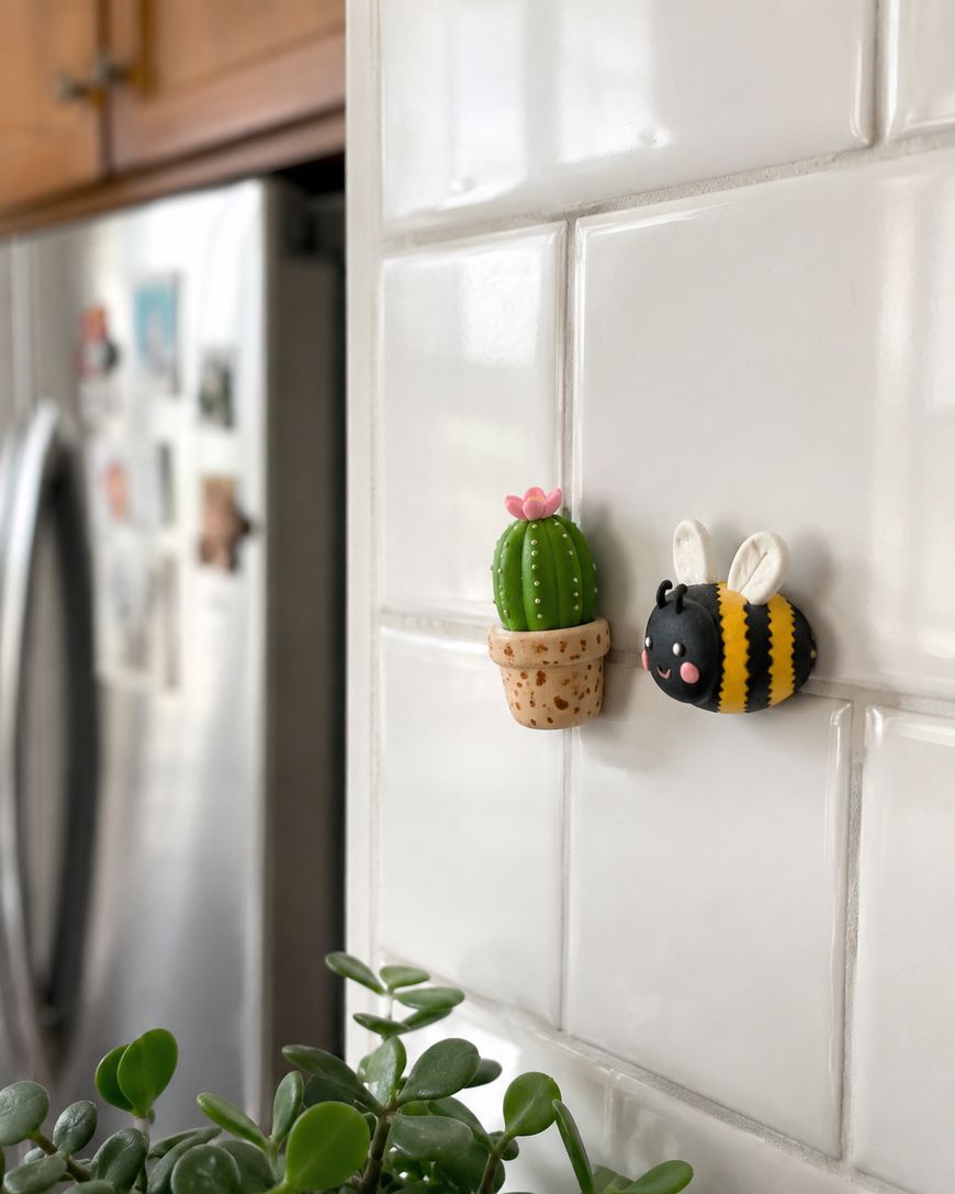A ceramic cactus in a pot and a cute bee magnet are attached to a white tiled wall in a kitchen, with a refrigerator and green plant visible in the background.