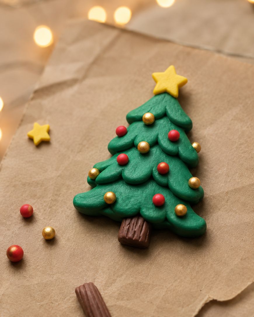 A small Christmas tree made from green modeling clay, decorated with red and gold balls, and topped with a yellow star, sits on brown paper with blurred lights in the background.