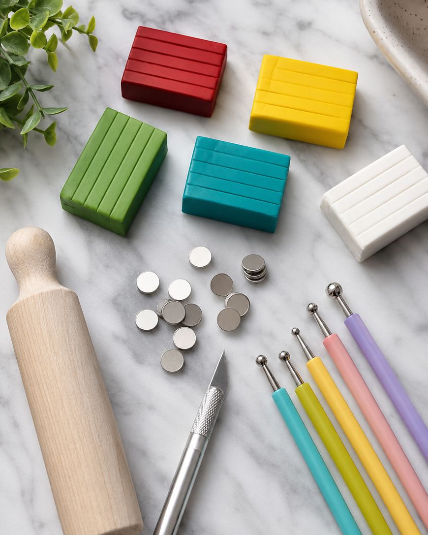 Colorful blocks of clay, metal discs, dotting tools with pastel handles, a craft knife, and a small rolling pin are arranged on a marble surface with a green plant in the corner.
