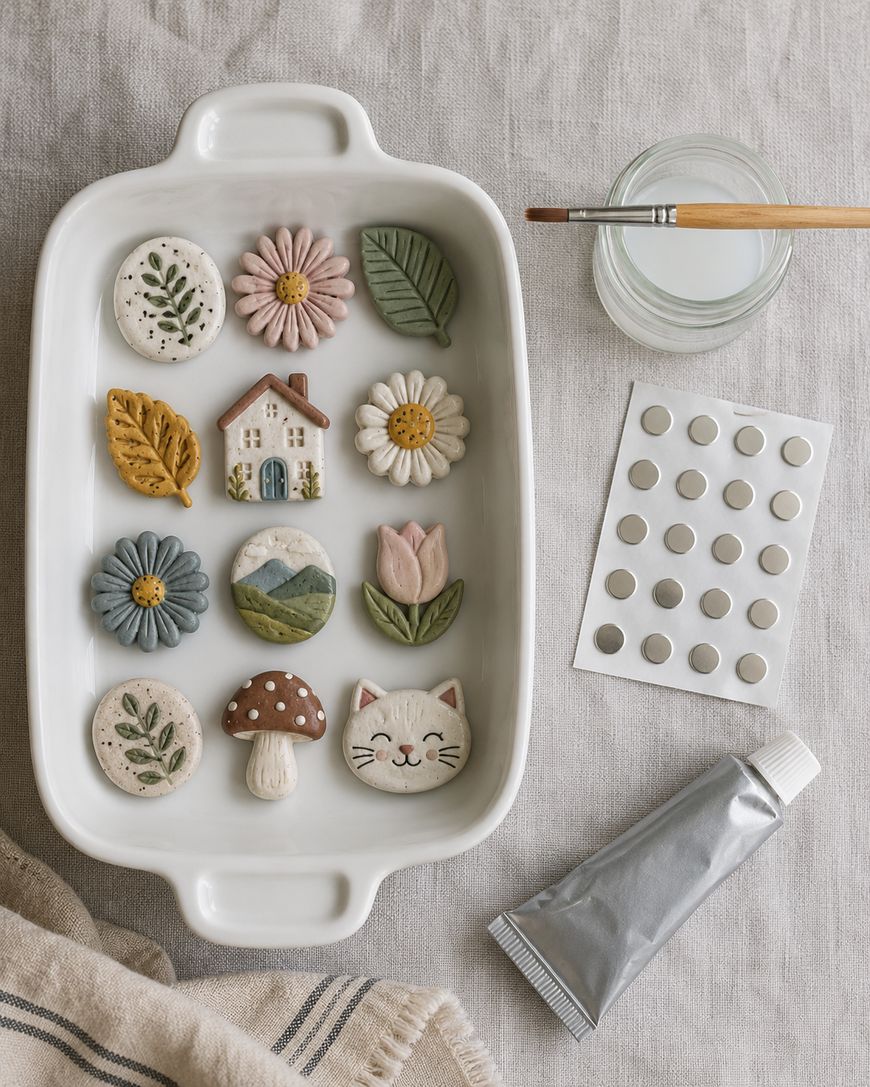 A white tray with twelve painted clay charms shaped like flowers, leaves, a house, a mushroom, a cat face, and nature scenes. Nearby are a paintbrush, a small jar of water, adhesive dots, and a silver paint tube.