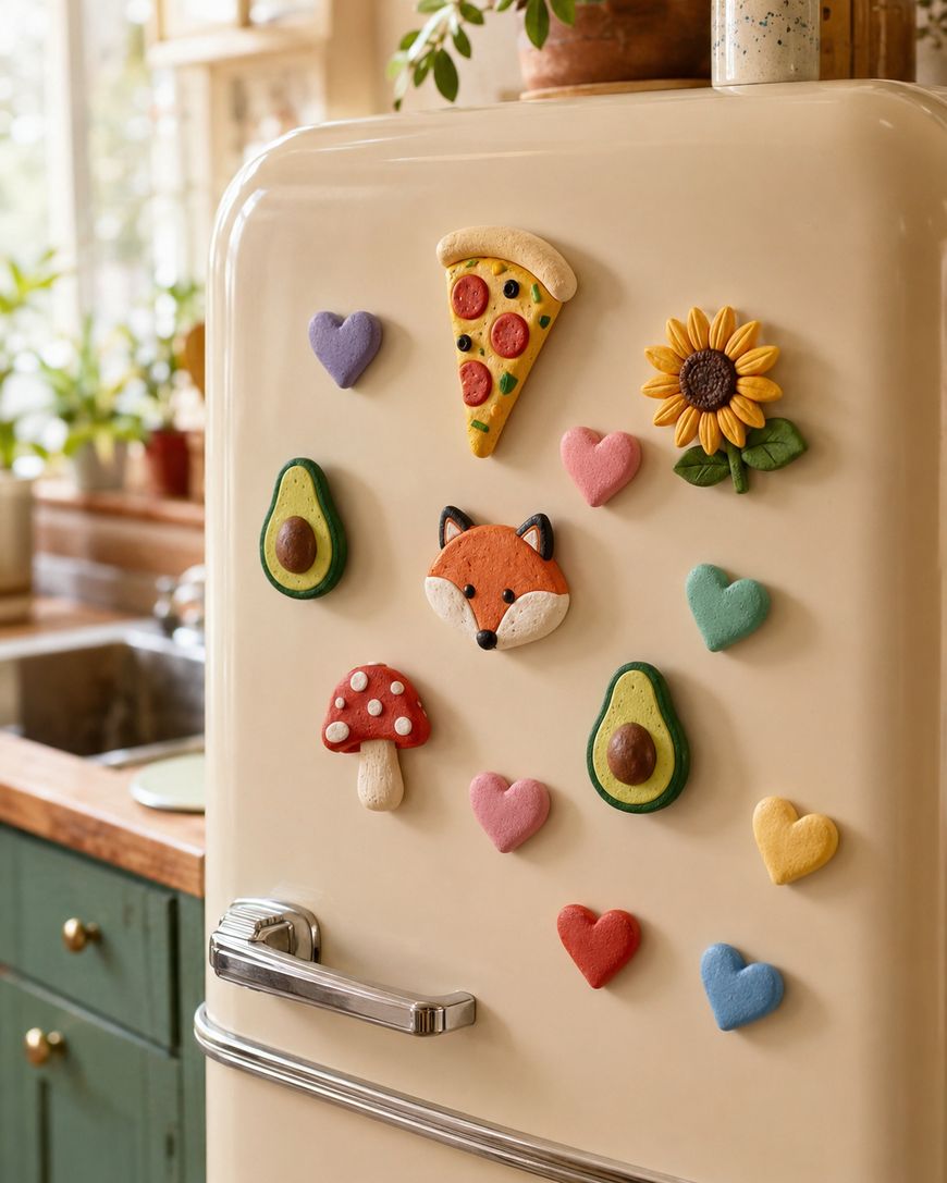 A cream-colored retro fridge decorated with colorful magnets shaped like hearts, avocados, a pizza slice, a sunflower, a fox face, and a red mushroom. The kitchen countertop and window are visible in the background.