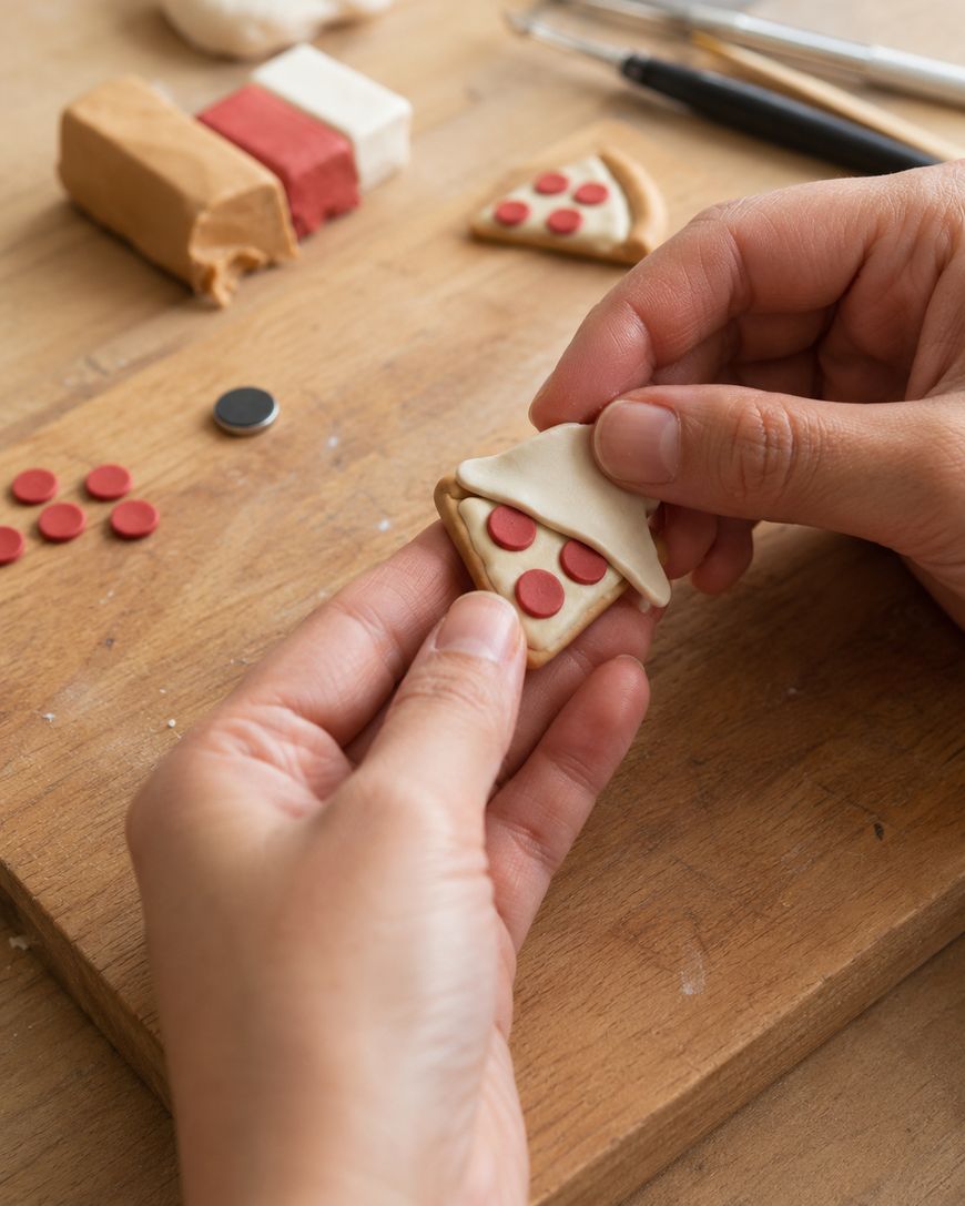 A person’s hands assemble a small, realistic pizza slice out of clay, adding a layer resembling cheese over a triangle with red clay pieces as pepperoni on a wooden surface. Clay and crafting tools are visible in the background.