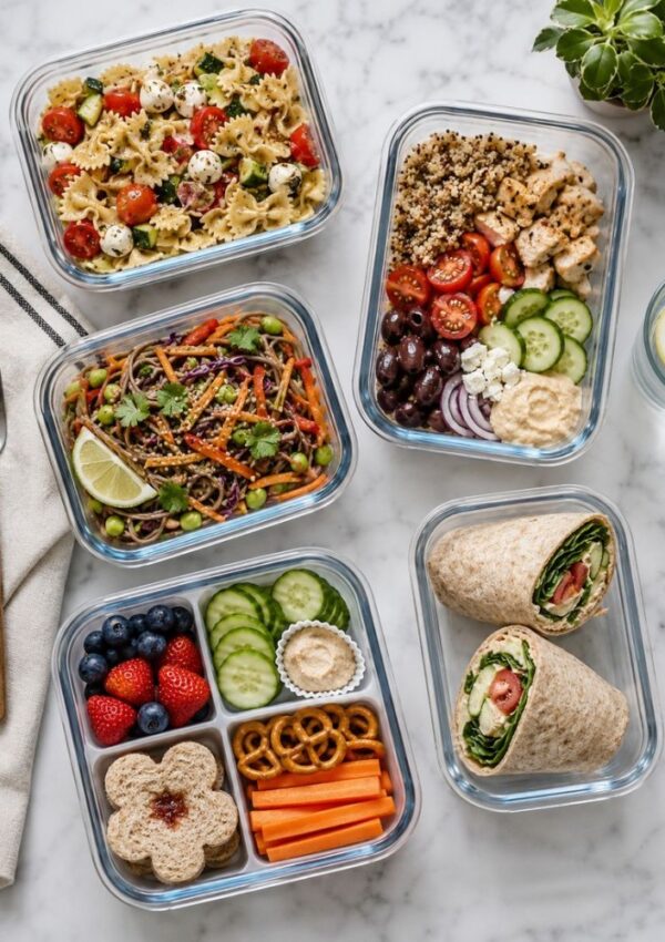 Five glass meal prep containers on a marble surface filled with pasta salad, a grain bowl with veggies, noodle salad, snack box with fruit and crackers, and a veggie wrap—perfect no-heat meals or cold lunch ideas for work. Fork, napkin, plant, and lemon water nearby.