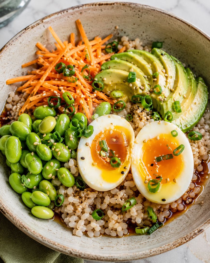 A bowl filled with quinoa, sliced avocado, shredded carrots, edamame, and a soft-boiled egg cut in half, topped with chopped green onions and sesame seeds, with a drizzle of sauce.