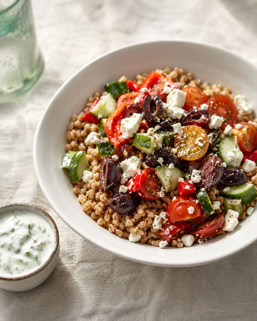 A bowl of grain salad topped with cherry tomatoes, cucumber, Kalamata olives, and crumbled feta cheese sits on a beige cloth next to a small bowl of creamy herb dressing.