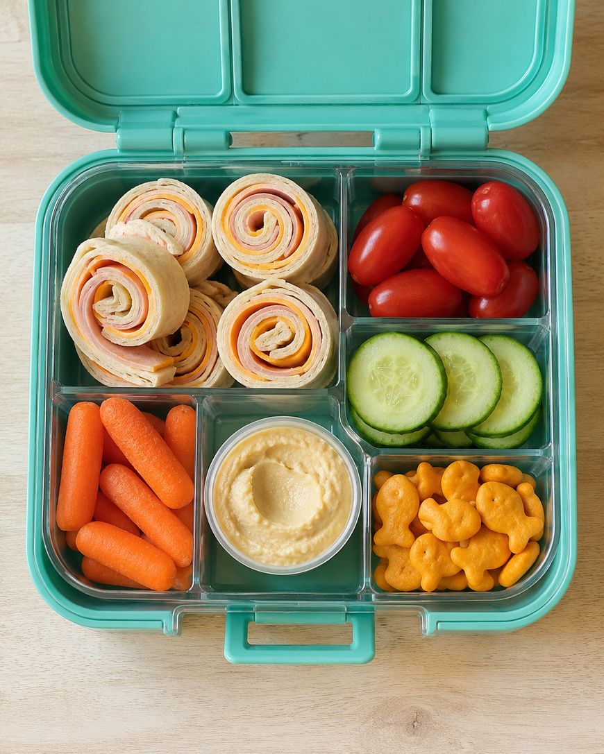 A teal lunchbox with compartments containing tortilla pinwheels, grape tomatoes, cucumber slices, baby carrots, a cup of hummus, and cheddar goldfish crackers on a light wooden surface.