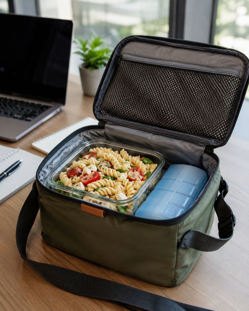 A green lunch bag with an open lid shows a glass container of pasta salad and a blue ice pack inside. The bag sits on a wooden desk near a laptop, notebook, pen, and a small plant by a window.