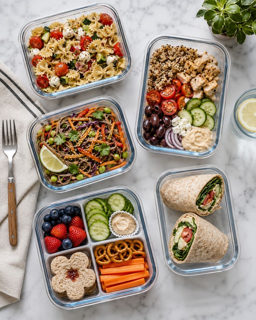 Five glass containers with healthy lunch foods: pasta salad, grain bowl with vegetables and hummus, noodle salad with lime, fruit and veggie snack box with pretzels, and a wrap with greens and tomatoes, on a marble surface.