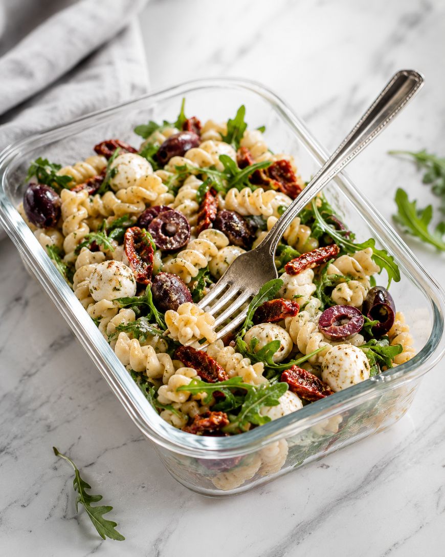 A glass container filled with pasta salad, including rotini, mozzarella balls, sun-dried tomatoes, black olives, and arugula. A fork rests in the salad, and a few arugula leaves are on the marble surface nearby.