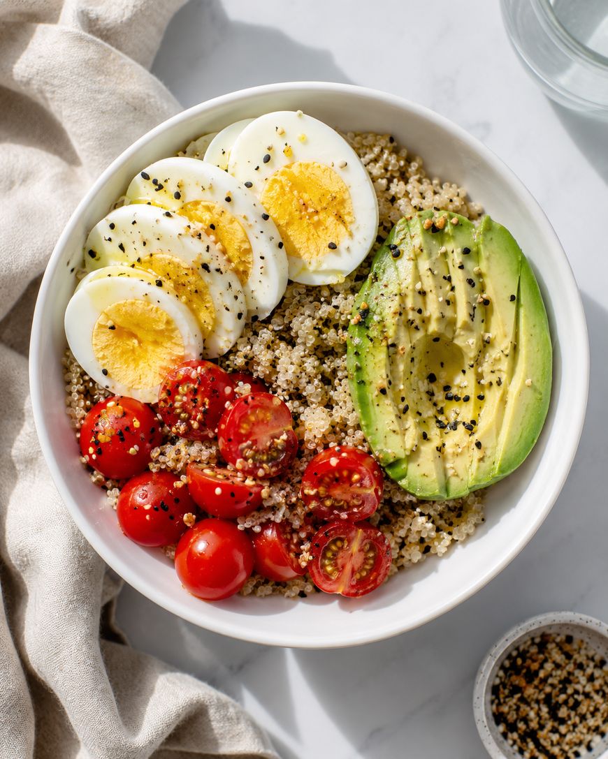 A bowl filled with cooked quinoa, sliced hard-boiled eggs, halved cherry tomatoes, and half an avocado, all sprinkled with seeds, sits on a marble surface near a beige napkin.