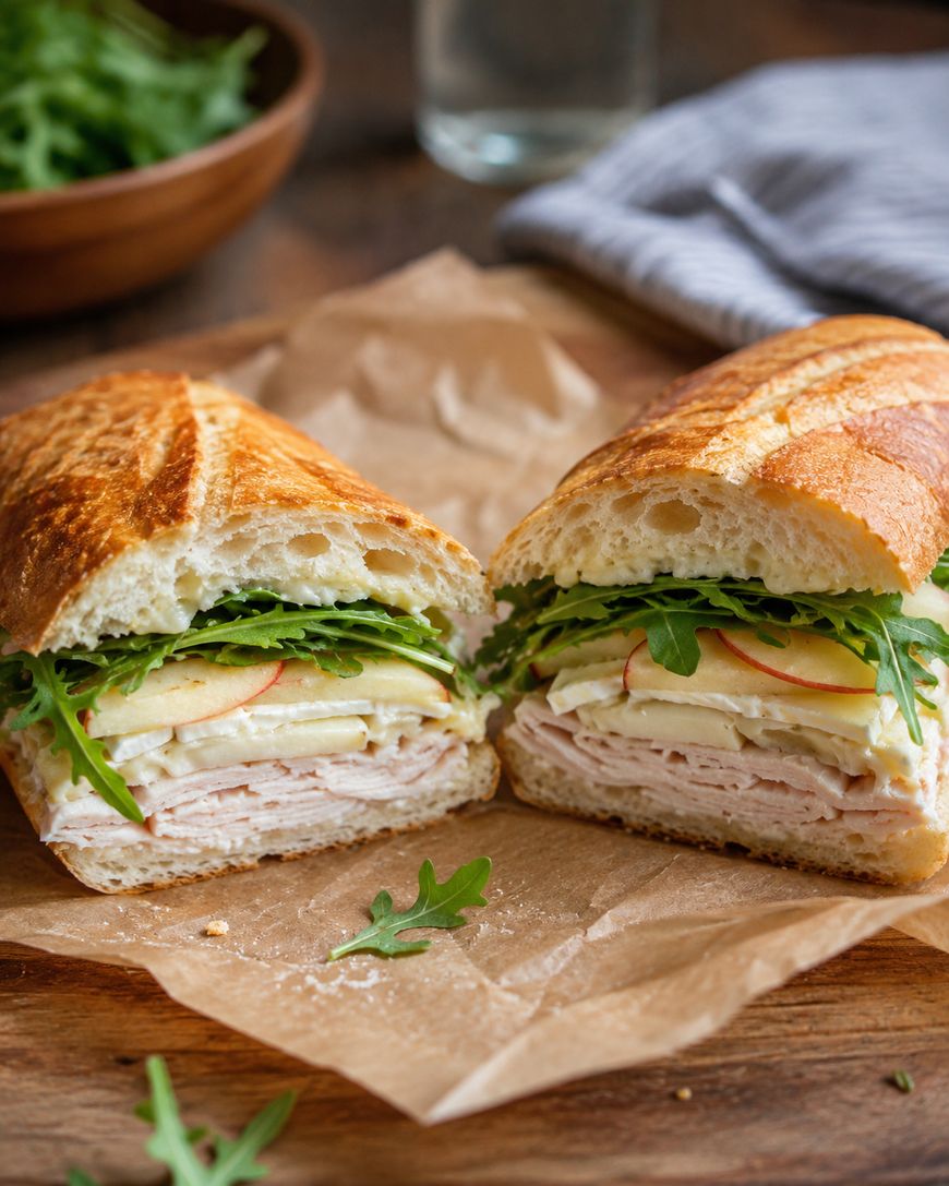 A baguette sandwich cut in half, filled with sliced turkey, cheese, arugula, and thin apple slices, sits on brown parchment paper. A few arugula leaves are scattered nearby.
