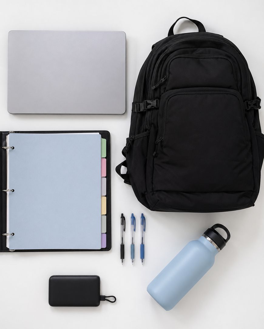 Flat lay of a laptop, black backpack, blue water bottle, black binder with colored tabs, three pens, and a black zippered pouch arranged neatly on a white background.