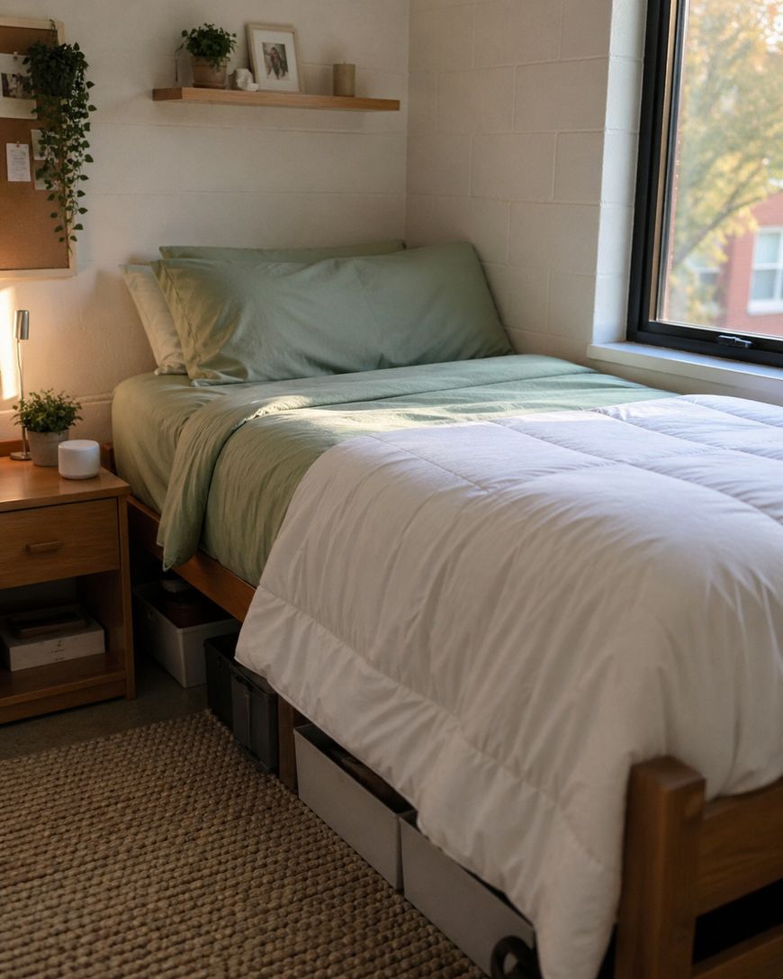 A neatly made bed with green sheets and a white comforter is next to a window in a cozy, sunlit room. A wooden nightstand with a lamp and plant, a corkboard, and storage boxes under the bed are visible.