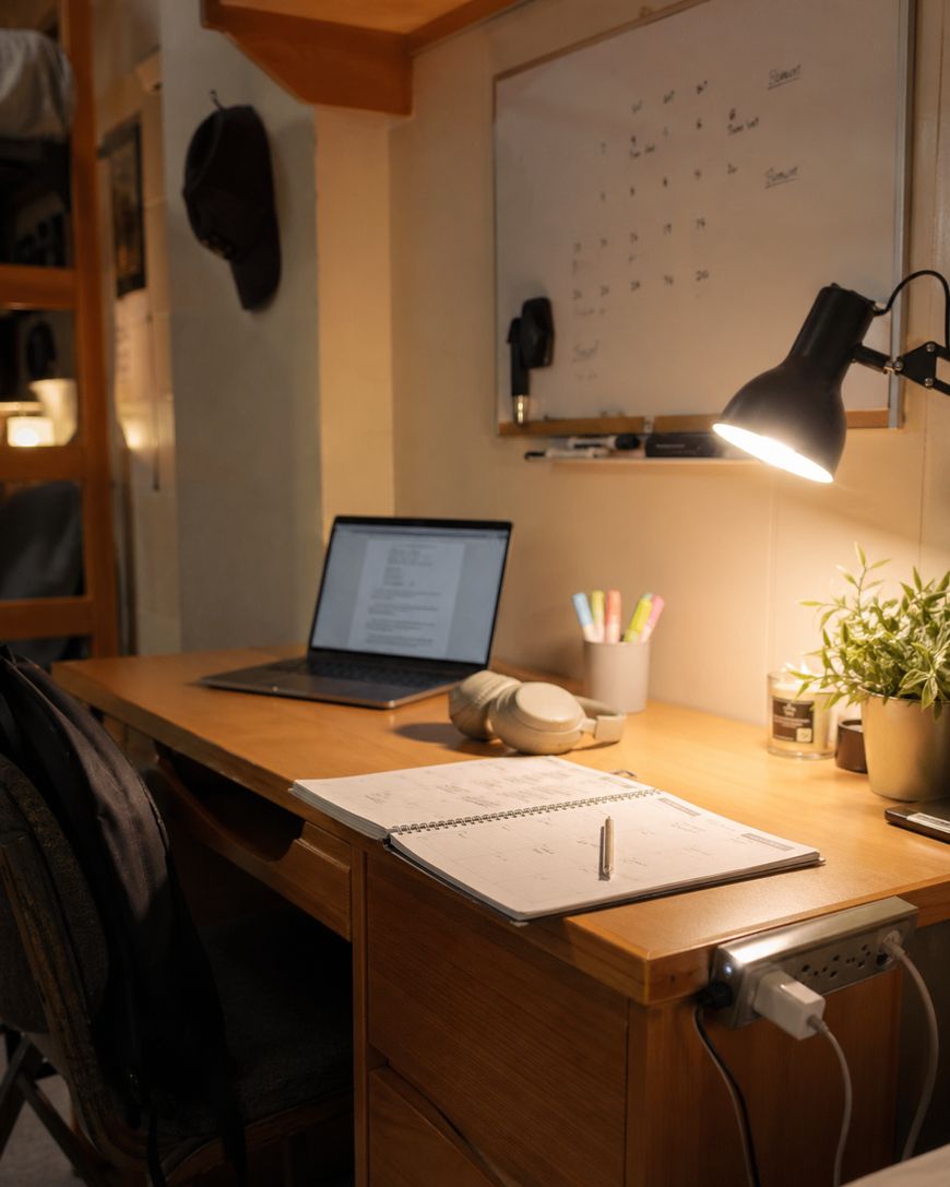 A tidy wooden desk with an open notebook, pen, and laptop. A desk lamp illuminates the workspace, with a potted plant, headphones, and colored markers nearby. A whiteboard calendar hangs on the wall above.