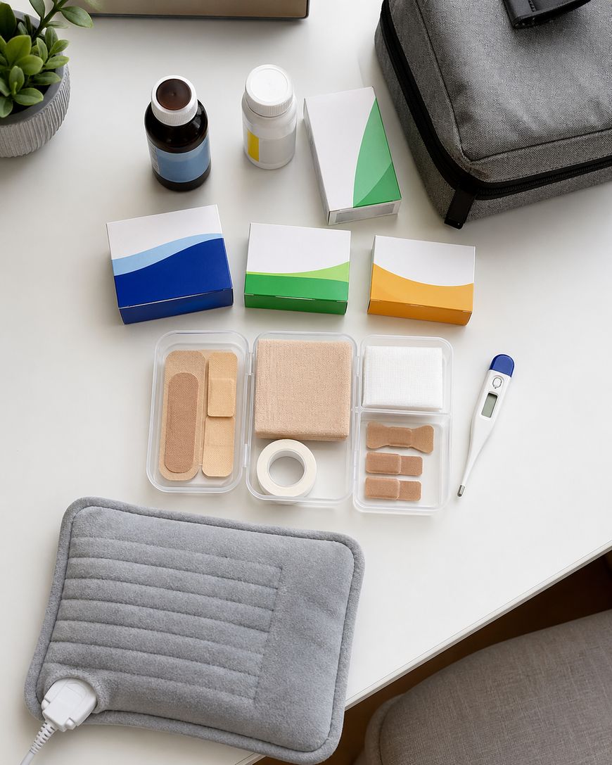 A first aid kit on a white table with bandages, medical tape, a digital thermometer, various medicine boxes and bottles, an electric heating pad, and a gray carrying case nearby.