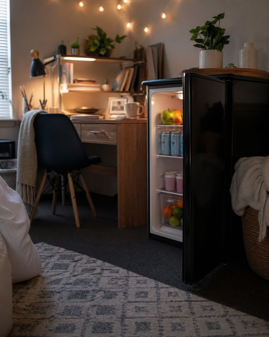 A cozy room with string lights, a small open fridge stocked with fruit, drinks, and yogurt, a desk with books and a mug, a black chair, houseplants, and soft furnishings on the floor.