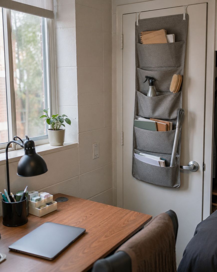A tidy dorm room with a wooden desk, laptop, lamp, supplies, and a potted plant by the window. A gray hanging organizer with notebooks, a spray bottle, and other items is on the door.