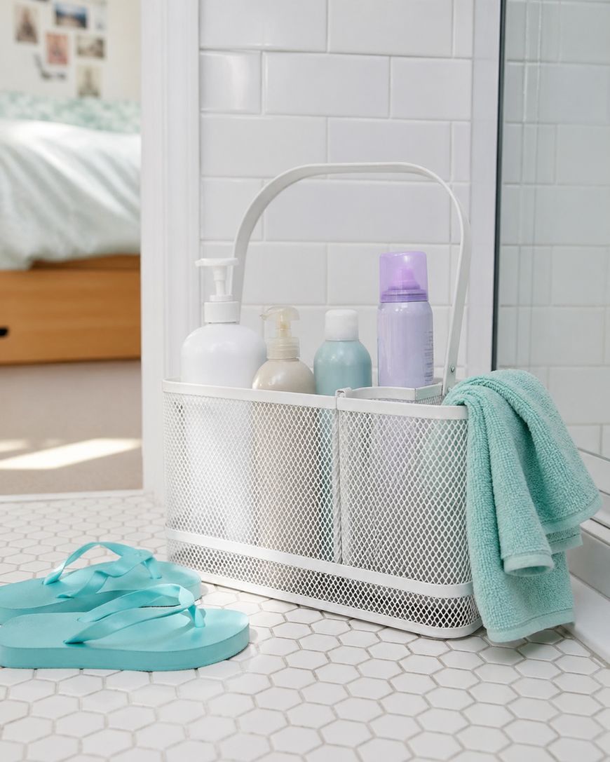 A white mesh shower caddy with bottles of toiletries and a turquoise towel sits on a white tile bathroom floor next to light blue flip-flops. A bed with green bedding is visible in the background.
