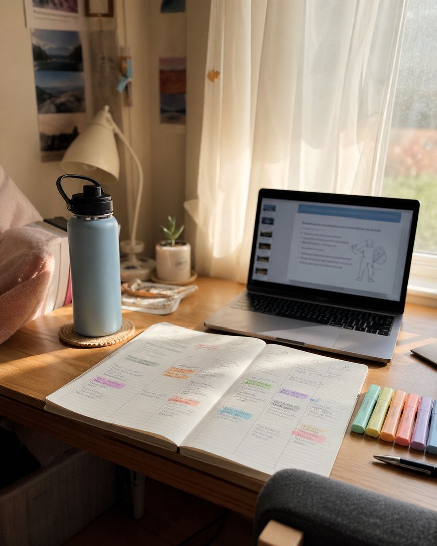 A tidy desk with an open planner filled with colorful notes, highlighters, a water bottle, and a laptop displaying a presentation sits by a sunlit window with sheer curtains.