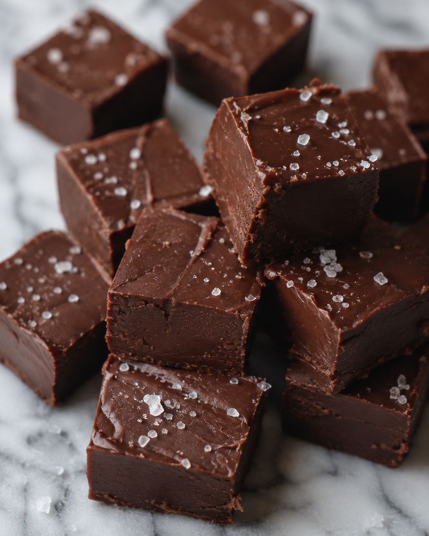 Squares of rich, dark chocolate fudge sprinkled with coarse sea salt are stacked on a marble surface, showcasing a smooth and glossy texture.