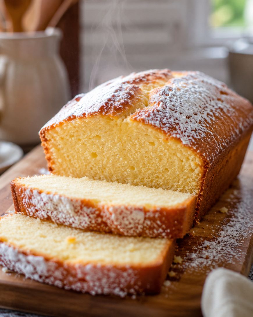 A loaf of pound cake with a golden crust, dusted with powdered sugar, sits on a wooden board. Two slices are cut and laid in front, showing the cakes moist, fluffy texture. Steam rises gently from the freshly baked loaf.
