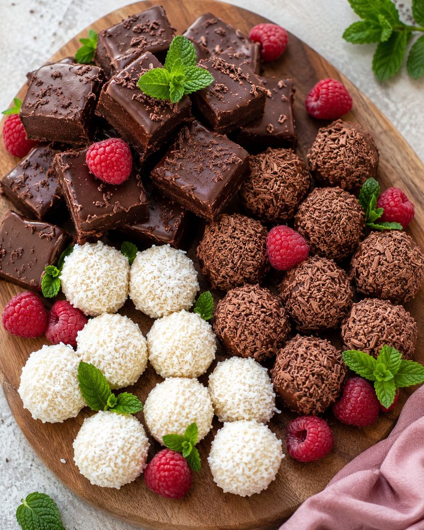 A wooden board with chocolate brownies, chocolate truffles with sprinkles, white coconut-covered truffles, fresh raspberries, and mint leaves arranged decoratively.