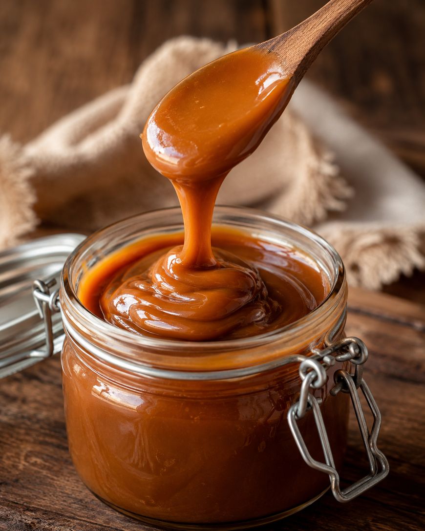 A wooden spoon drizzles thick, creamy caramel sauce into a glass jar filled with caramel, placed on a wooden surface with a beige cloth in the background.