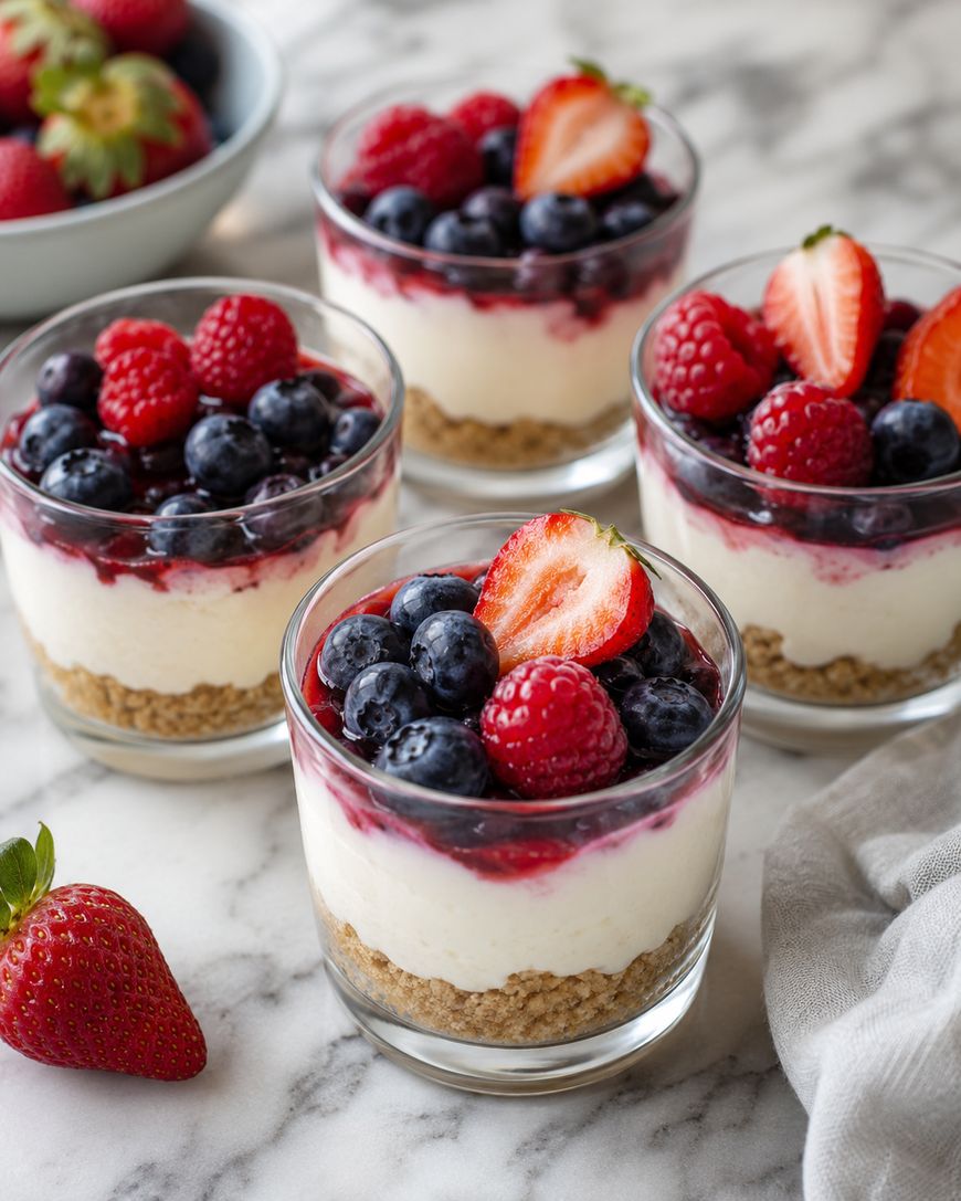 Four glass cups filled with layered cheesecake topped with blueberries, raspberries, and strawberry halves on a marble surface. A bowl of strawberries and a loose strawberry are nearby.