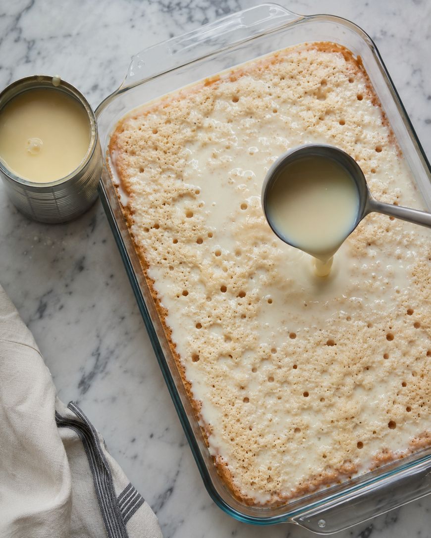 A glass baking dish filled with a poked sheet cake, being drizzled with sweetened condensed milk from a ladle. An open can sits nearby on a marble countertop next to a folded kitchen towel.