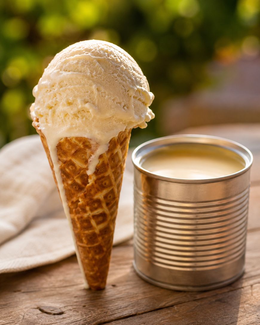 A scoop of vanilla ice cream in a waffle cone is next to an open tin can on a wooden surface, with a soft-focus green background.