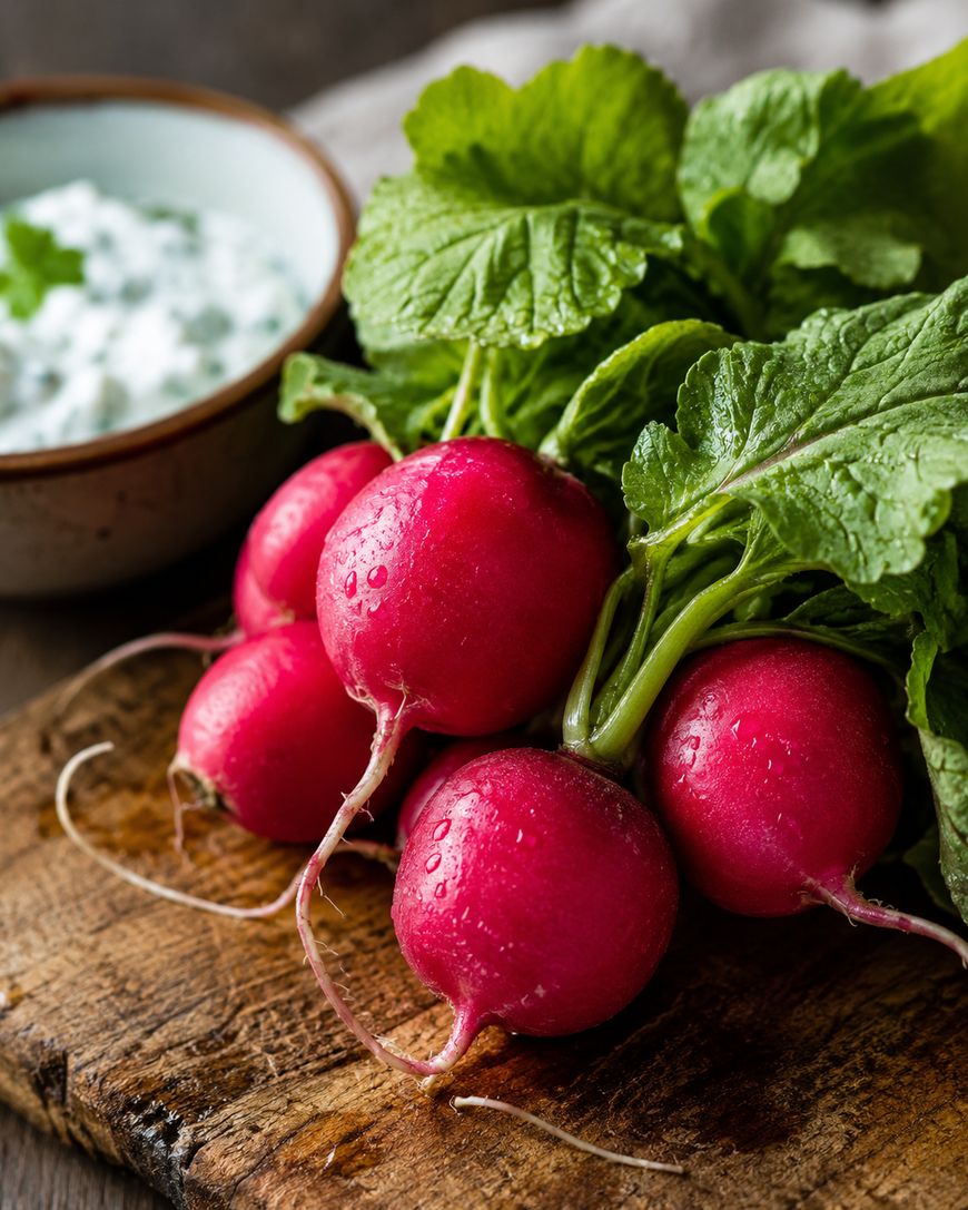 A bunch of fresh red radishes with green leaves sits on a wooden cutting board, with a bowl of creamy dip in the background.