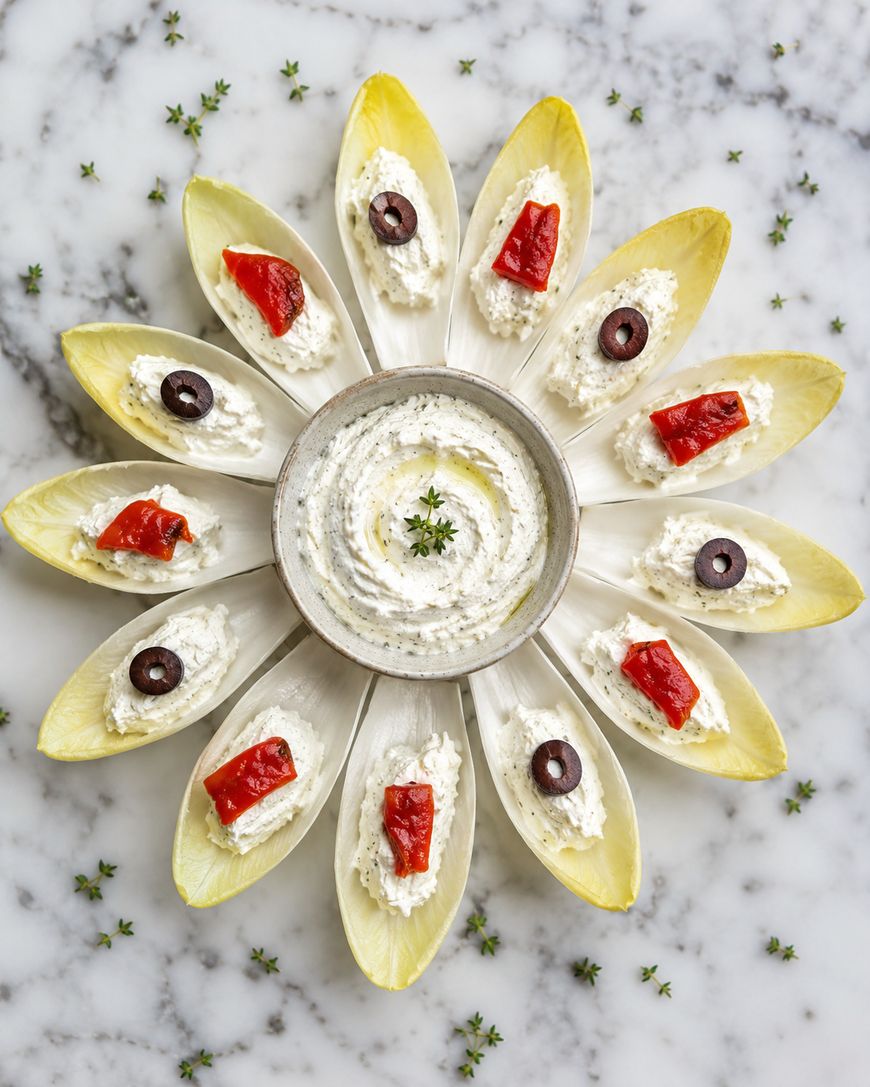 Overhead view of endive leaves arranged in a flower shape around a bowl of herbed cream cheese dip. Each endive leaf holds a dollop of dip topped with either a slice of olive or a piece of red pepper.