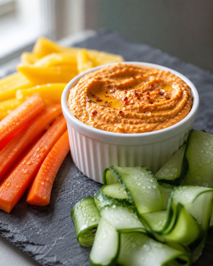A white ramekin filled with red pepper hummus, topped with chili flakes, is served on a slate platter with slices of yellow bell pepper, carrot sticks, and cucumber ribbons.