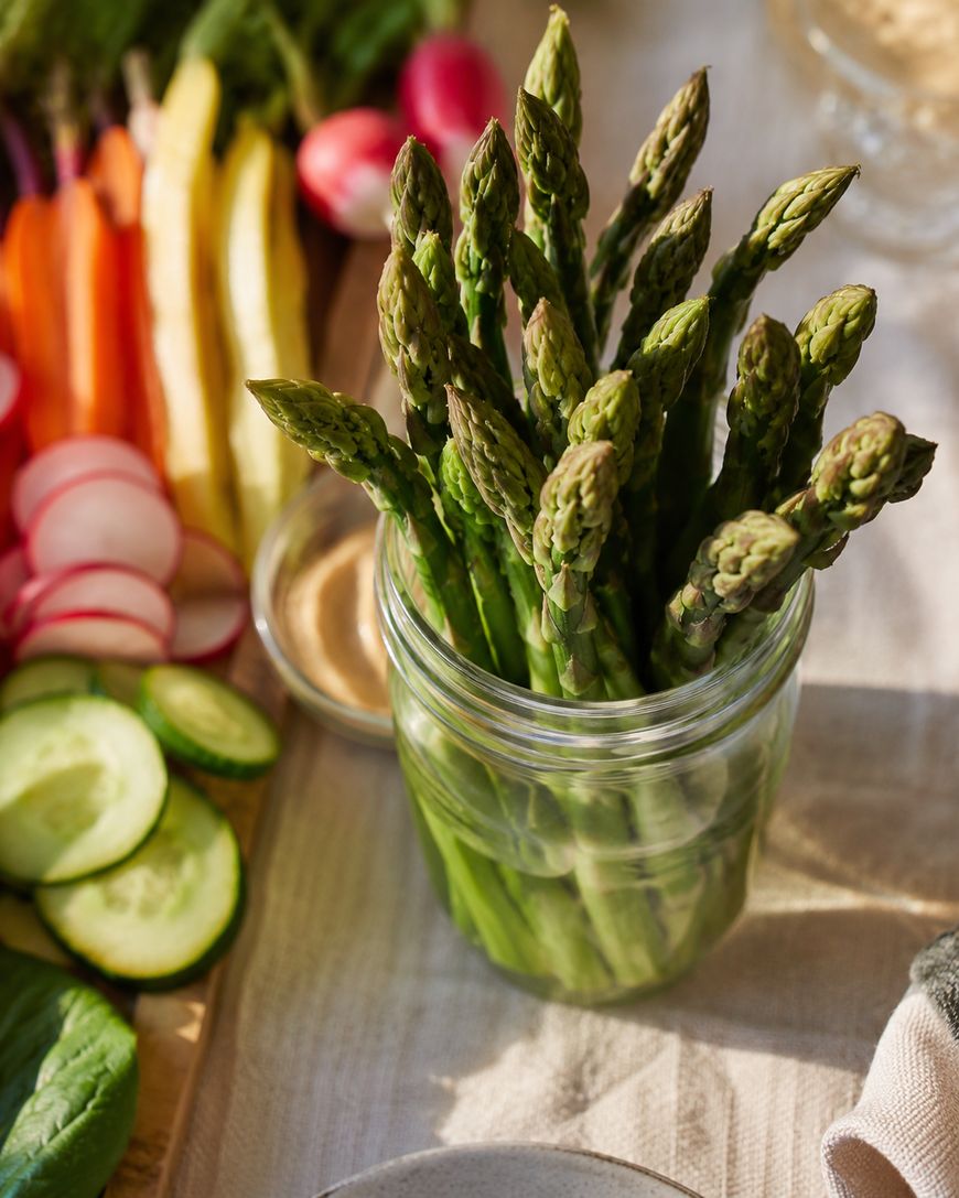 A glass jar filled with fresh asparagus sits on a table next to sliced cucumbers, radishes, carrots, and other colorful vegetables, creating a vibrant and healthy spread.