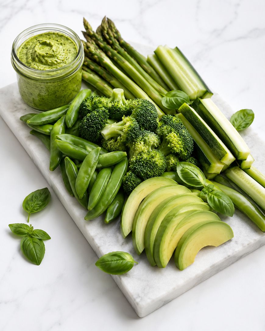A marble platter with sliced avocado, sugar snap peas, broccoli florets, cucumber sticks, asparagus, fresh basil leaves, and a jar of green pesto dip on a white surface.