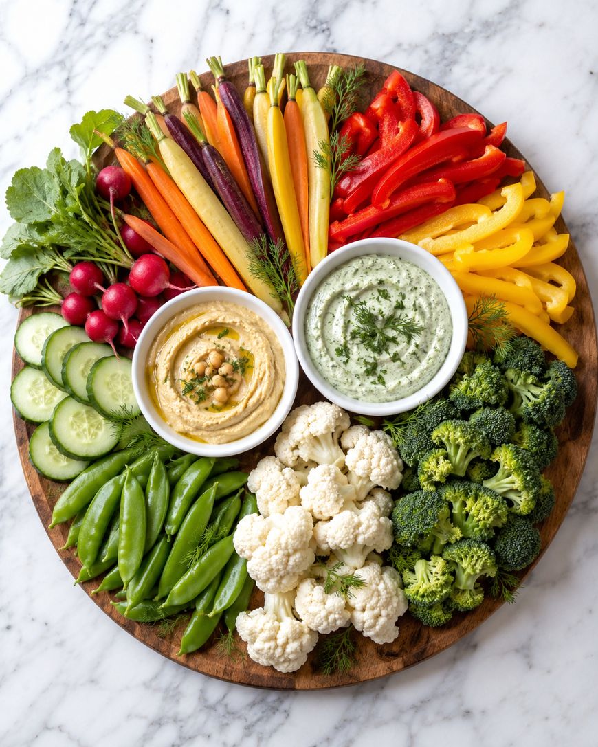 A round platter with colorful raw vegetables—carrots, radishes, bell peppers, snap peas, cucumber, broccoli, and cauliflower—arranged around two small bowls of dip, one light green and one beige, garnished with herbs.