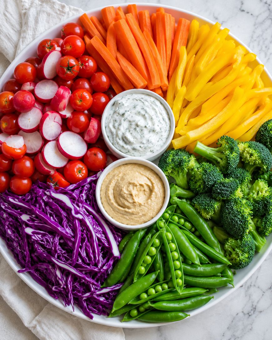 A large round platter with colorful vegetables—sliced carrots, yellow bell peppers, broccoli florets, snap peas, shredded purple cabbage, radishes, and cherry tomatoes—surrounding two small bowls of creamy dips.