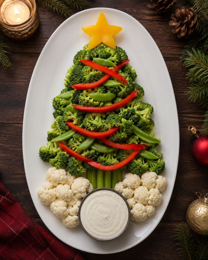 A vegetable platter arranged as a Christmas tree with broccoli, red bell pepper strips, snap peas, a yellow star-shaped pepper on top, cauliflower at the base, and a bowl of dip, on a white oval plate.