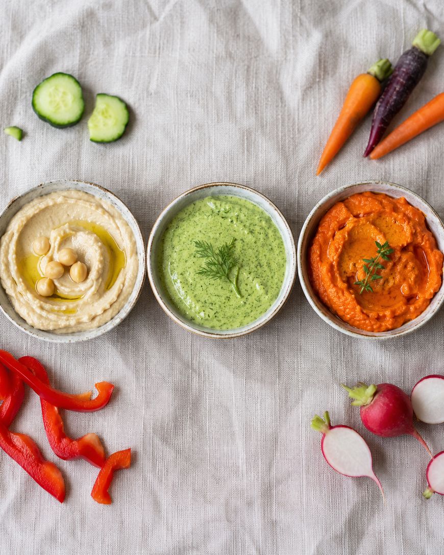 Three bowls of dips—hummus, green herb dip, and red pepper dip—are arranged in a row on a cloth, surrounded by sliced cucumber, carrots, red bell pepper, and radishes for dipping.
