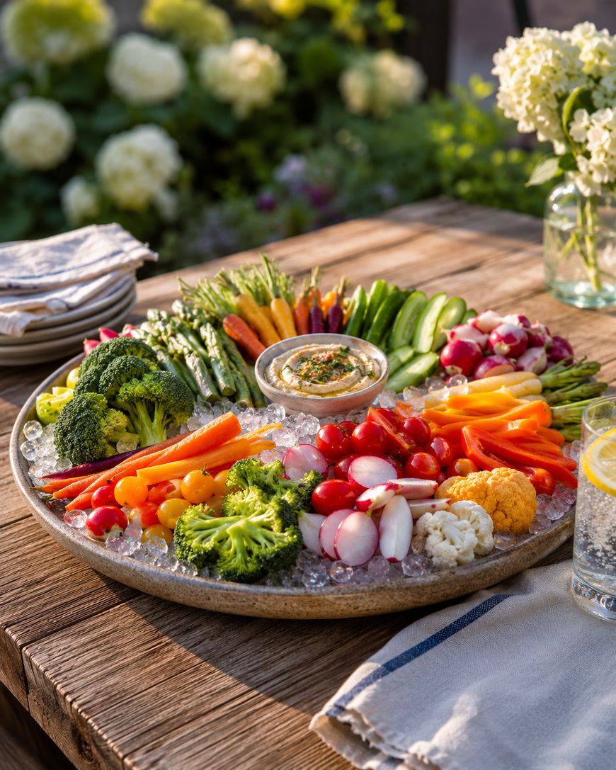 A platter of assorted fresh vegetables—broccoli, carrots, radishes, tomatoes, cauliflower, cucumbers, and snap peas—arranged around a bowl of dip on ice, set on an outdoor wooden table with a glass of lemon water.