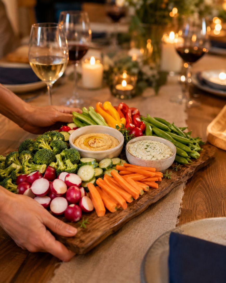 A person sets a wooden platter with assorted fresh vegetables, including broccoli, radishes, carrots, cucumbers, and snap peas, around two dips on a candlelit dining table with wine glasses.