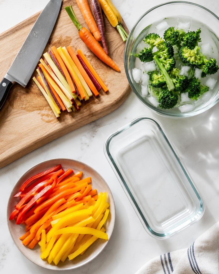 A cutting board with sliced multicolored carrots and a knife, a plate with sliced red and yellow bell peppers, a bowl of broccoli florets in ice water, and an empty glass container on a white countertop.