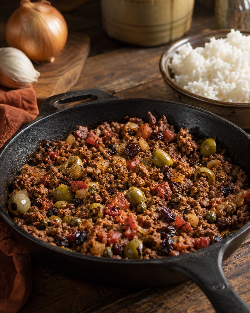 A cast-iron skillet filled with picadillo, a ground beef dish with green olives, raisins, and diced tomatoes, sits on a wooden table next to a bowl of white rice, an onion, and a bulb of garlic.