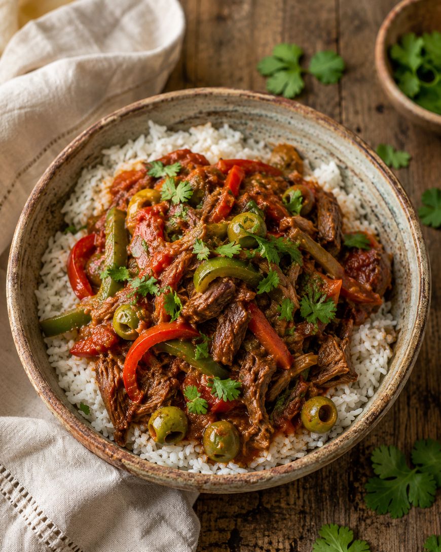 A bowl of shredded beef in tomato sauce with green olives, red and green bell peppers, served over white rice and garnished with fresh cilantro on a rustic wooden table.