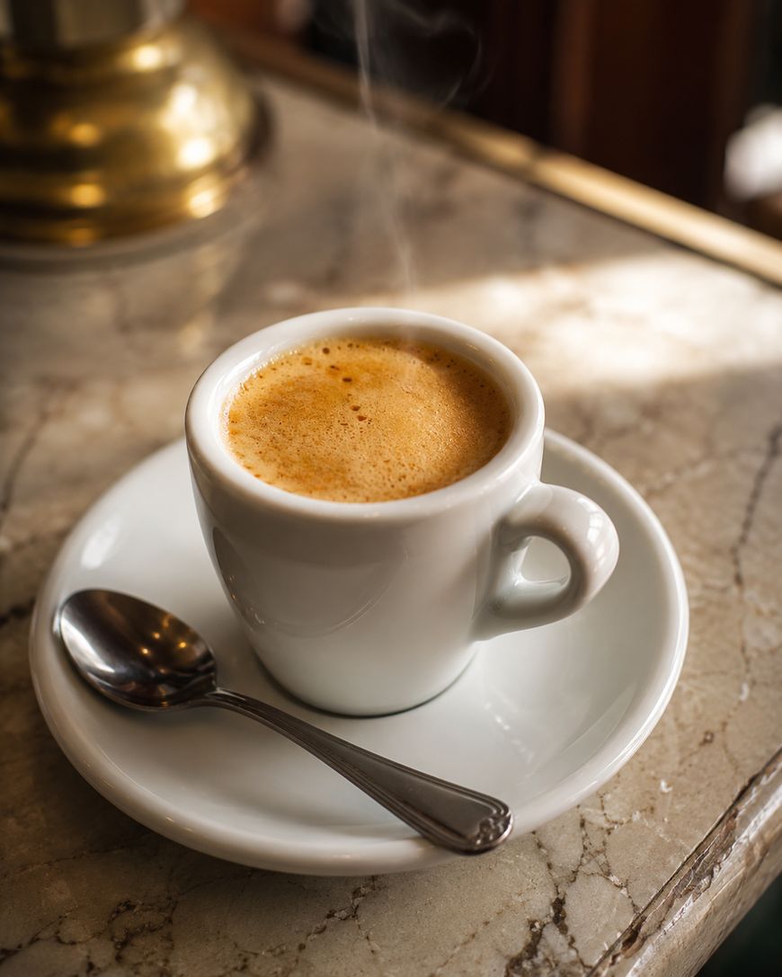 A steaming cup of espresso in a white mug sits on a matching saucer with a metal spoon, placed on a marble tabletop.