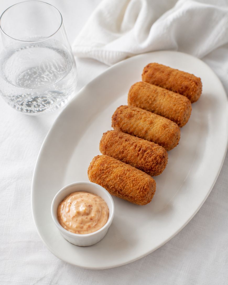 Five golden-brown croquettes arranged in a row on a white oval plate with a small dish of dipping sauce and a glass of sparkling water, set on a white tablecloth with a folded napkin.