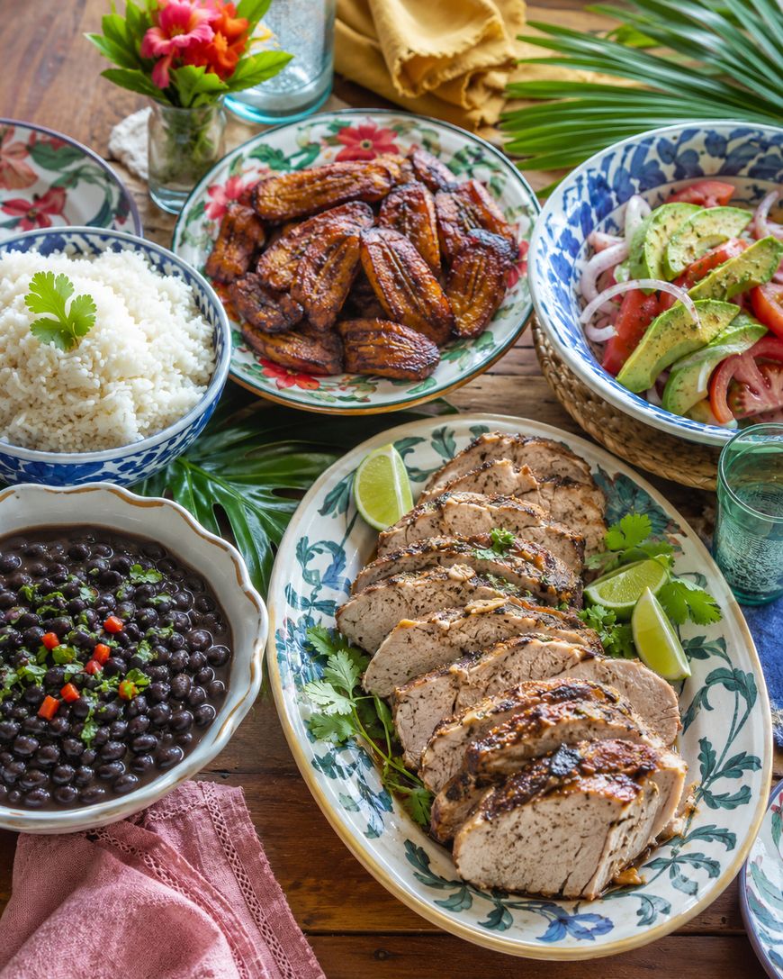 A colorful spread of Latin-inspired dishes includes sliced roasted pork, black beans, white rice, fried plantains, and a salad with avocado, tomato, and onion, all served in patterned bowls on a wooden table with tropical decor.