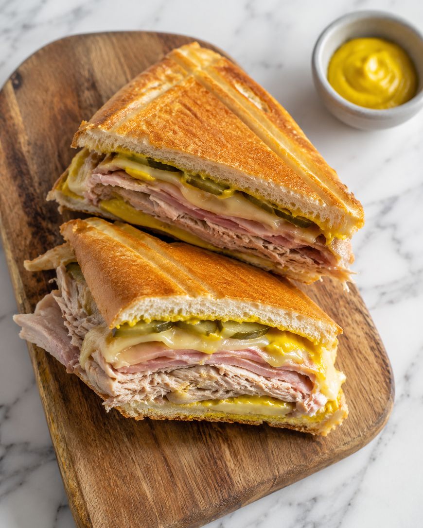 A Cuban sandwich with layers of ham, roast pork, Swiss cheese, pickles, and mustard is cut in half and stacked on a wooden board, with a small dish of yellow mustard beside it.