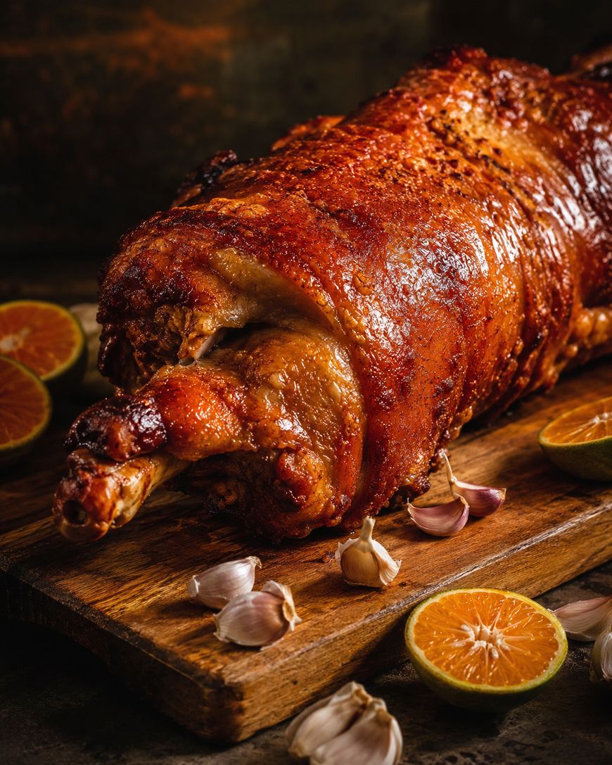 A whole roasted pork with crispy golden skin on a wooden board, surrounded by garlic cloves and halved oranges.